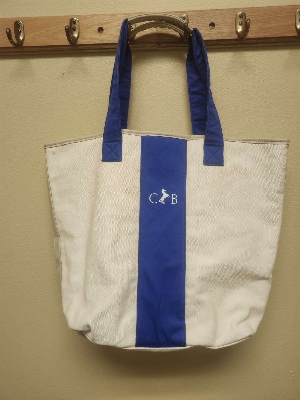 Monogram Canvas Tote with Blue Center Stripe